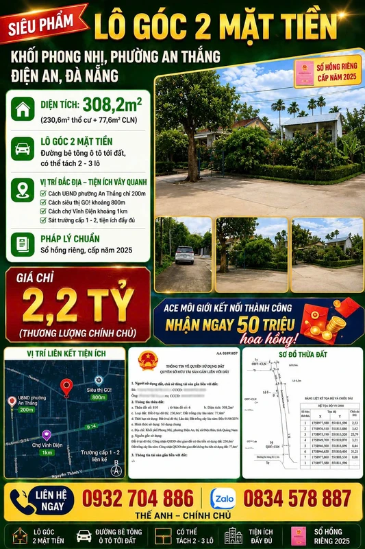 Bán đất góc 2 mặt tiền 308m² Điện An Đà Nẵng 2,2 tỷ
