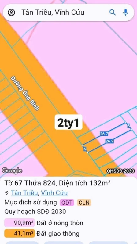 Bán đất mặt tiền đường Ông Binh 132m2, Phường Tân Triều, Đồng Nai