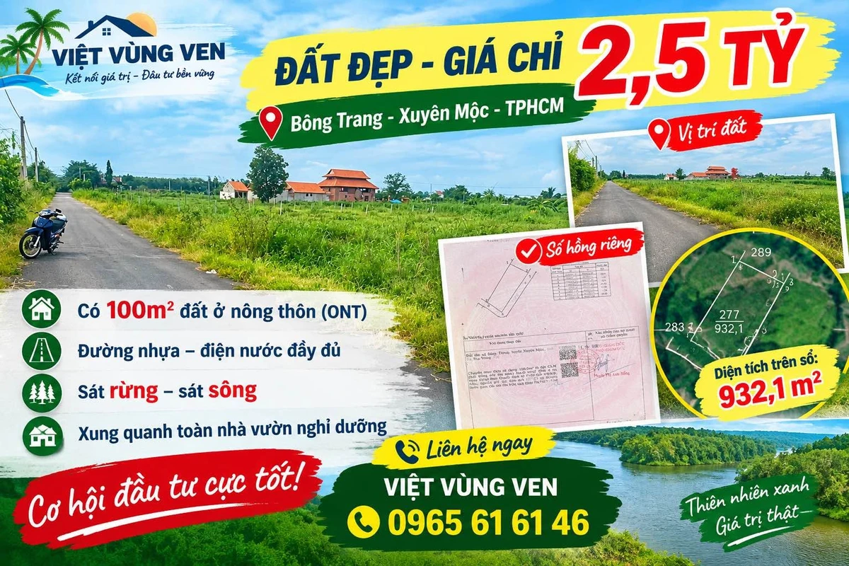 Bán đất 932m² Xuyên Mộc, giá 2,5 tỷ, sổ riêng - Ảnh 1