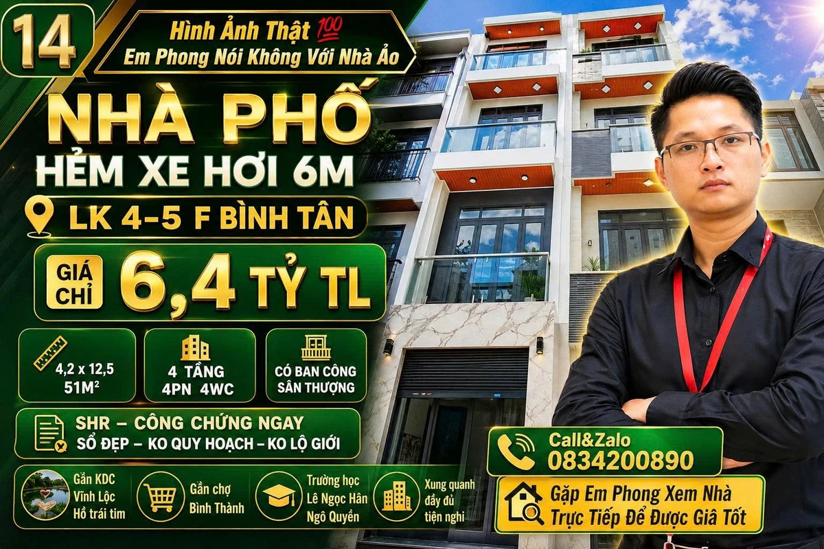 Bán nhà 4 tầng 51m² hẻm xe hơi 6m Liên Khu 4-5, Bình Tân - 6,4 tỷ - Ảnh 1