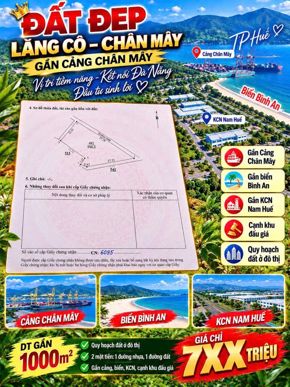 Bán đất 2 mặt tiền Chân Mây Huế 1.000m² 700 triệu - Ảnh 1