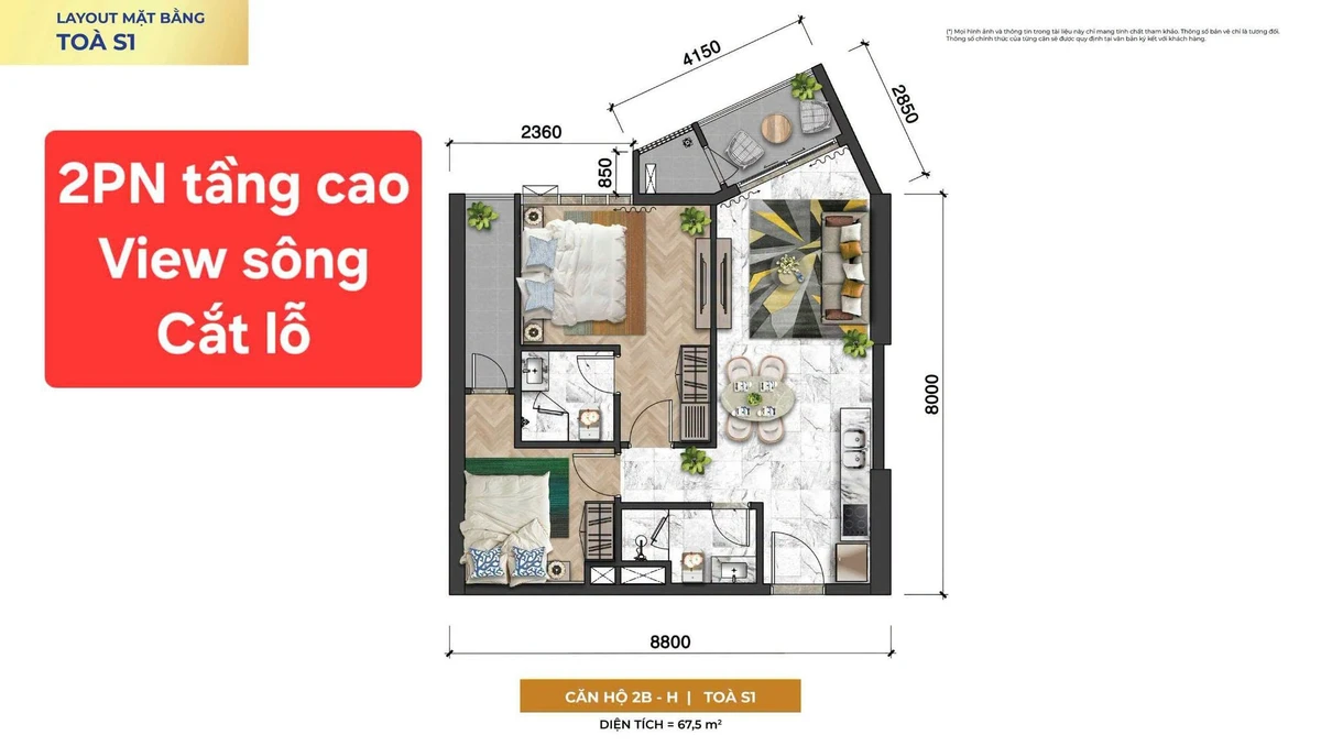 Bán căn hộ 2PN Sun Symphony tòa S1 67,5m2 view sông tầng cao tại Đà Nẵng - Ảnh 1