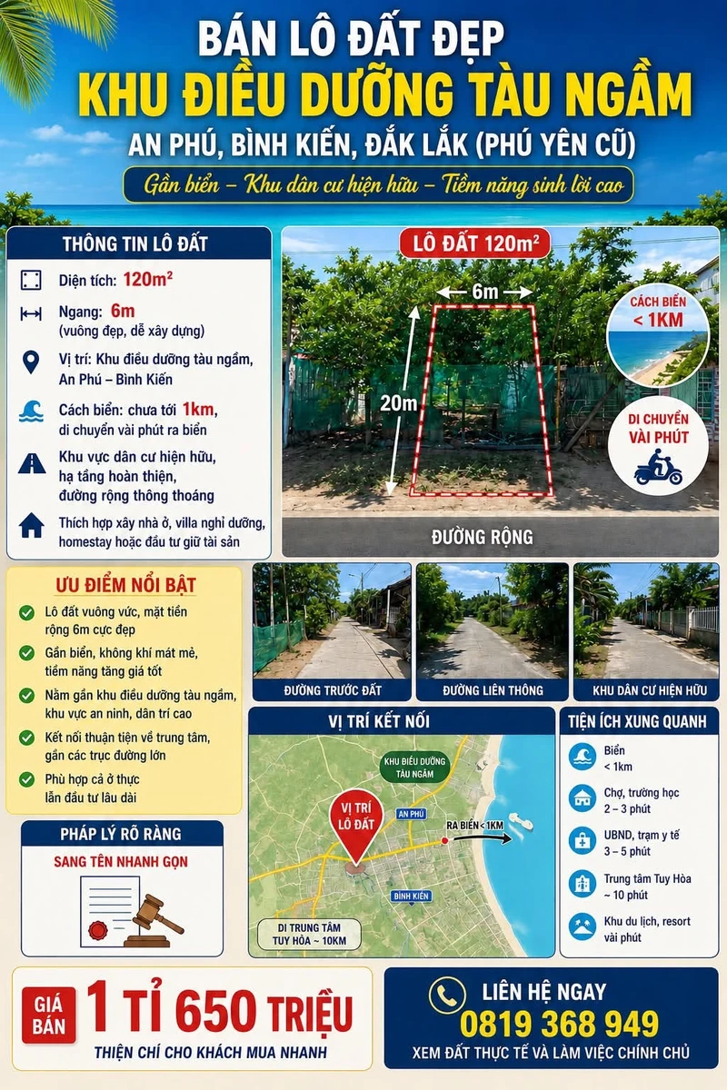 Bán lô đất 120m² gần biển An Phú, Phú Yên 1.65 tỷ - Ảnh 1