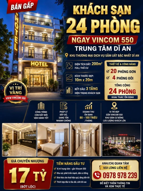 Bán khách sạn 24 phòng 200m² Dĩ An Bình Dương 17 tỷ
