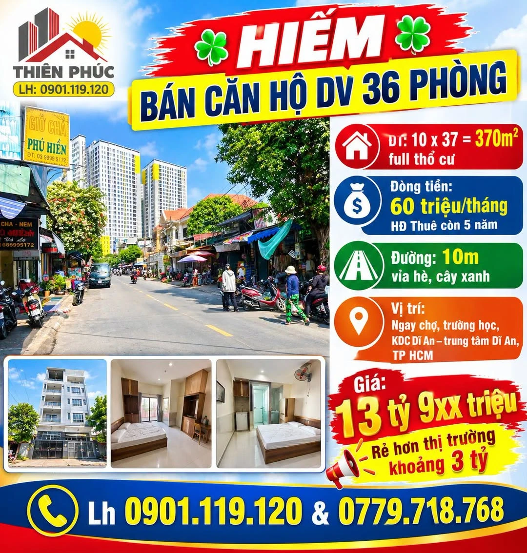 Bán căn hộ dịch vụ 36 phòng 370m2 dòng tiền 60 triệu/tháng tại Dĩ An, Bình Dương - Ảnh 1