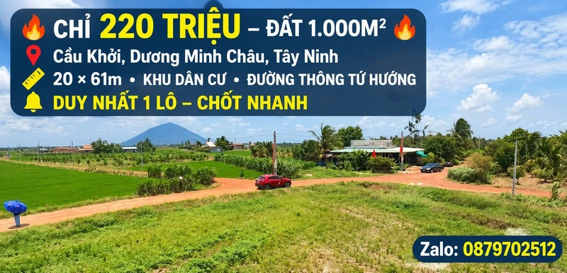 Bán lô đất 1.000m² tại Dương Minh Châu, Tây Ninh - 220 triệu