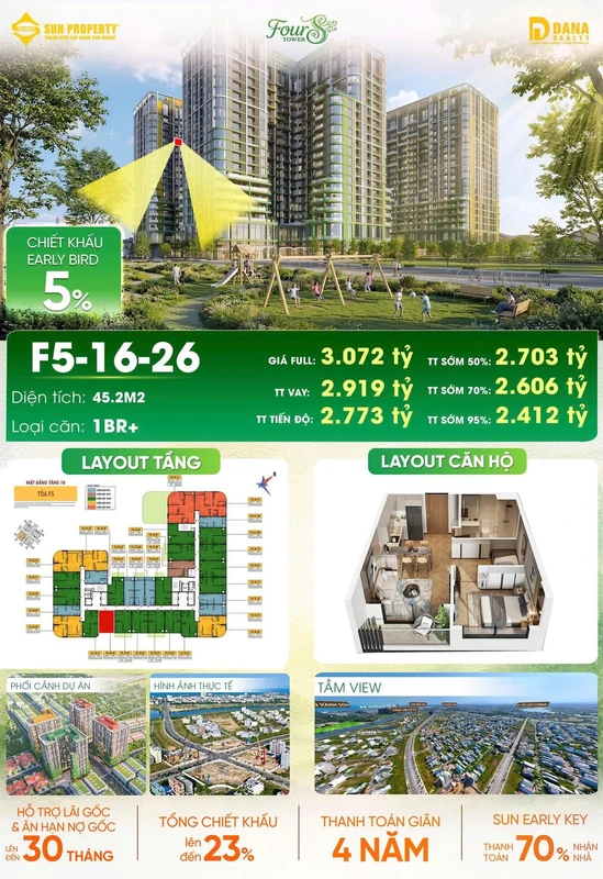 Bán căn hộ 1BR+ 45,2m² tại Fours Tower Đà Nẵng 2.412 tỷ