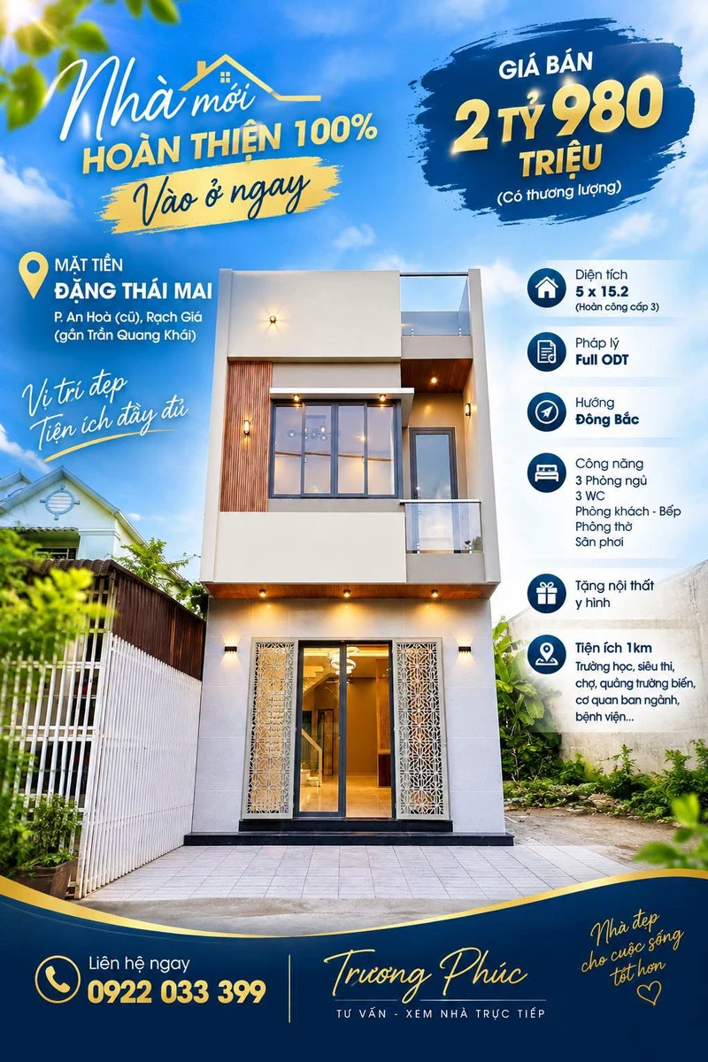 Bán nhà mới 3PN 76m² mặt tiền Đặng Thái Mai Rạch Giá - Ảnh 1