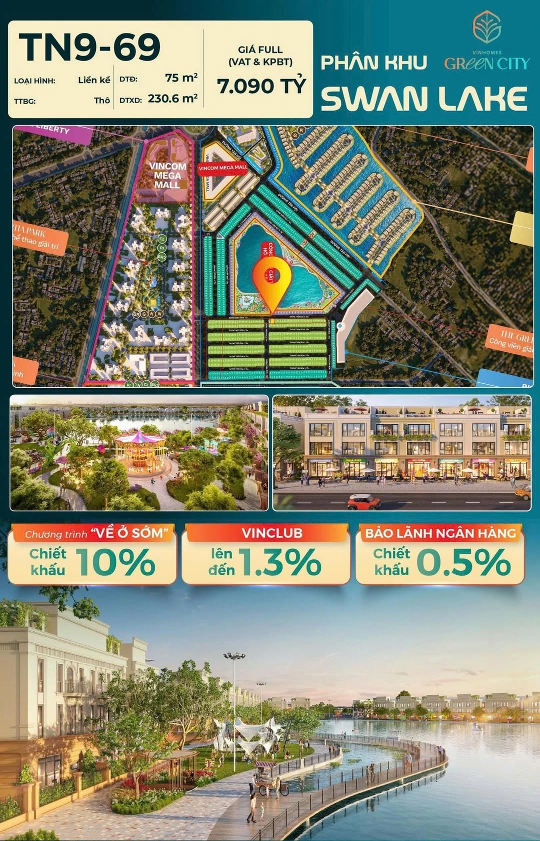Bán nhà liền kề Swan Lake 75m² đất, 7,09 tỷ tại Vinhomes Green City - Ảnh 1