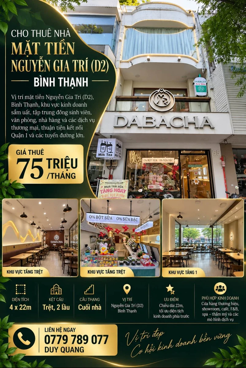 Cho thuê nhà mặt tiền Nguyễn Gia Trí, Bình Thạnh, 88m² - 75 triệu/tháng - Ảnh 1
