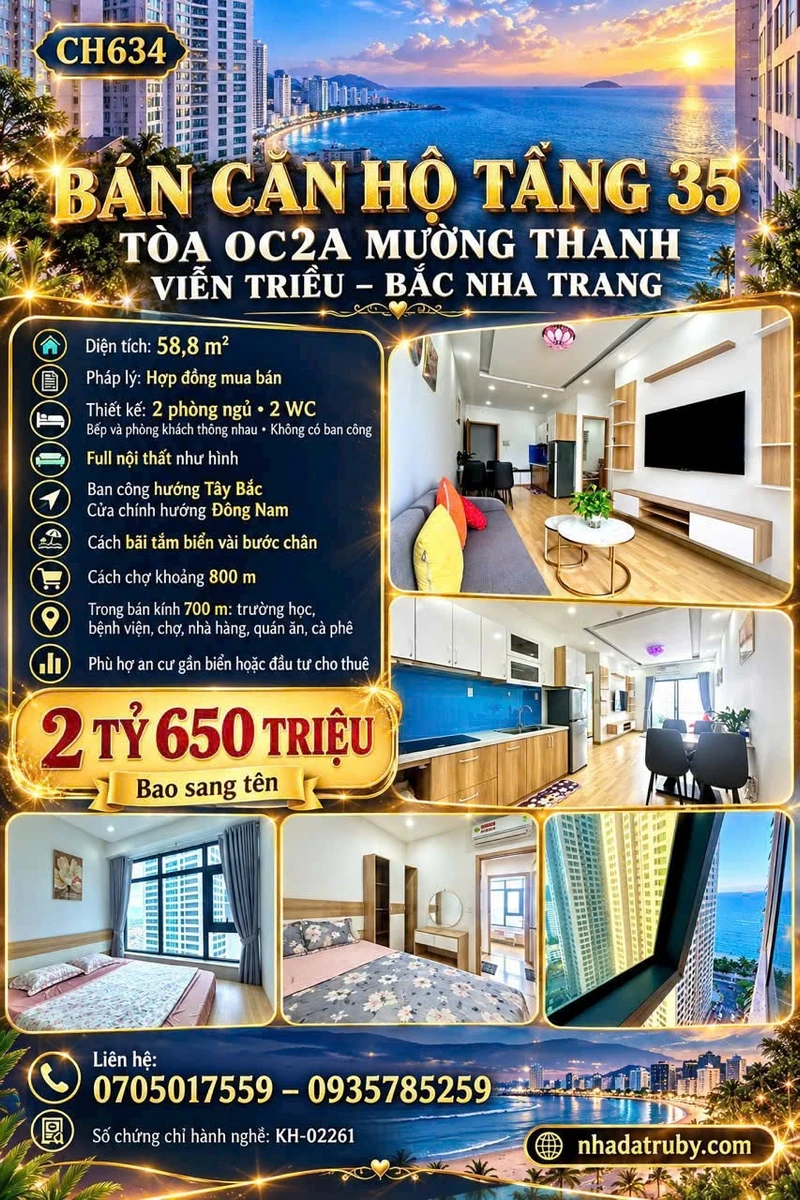 Bán căn hộ 2PN tầng 35 OC2A Mường Thanh Viễn Triều, Bắc Nha Trang, 58,8m2 - Ảnh 1