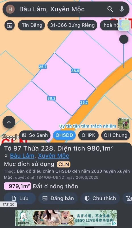Bán đất Bàu Lâm Xuyên Mộc 1000m² mặt tiền