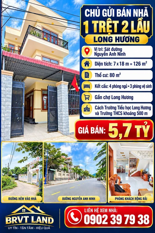 Bán nhà 1 trệt 2 lầu Long Hương, 126m², 4PN, 5,7 tỷ