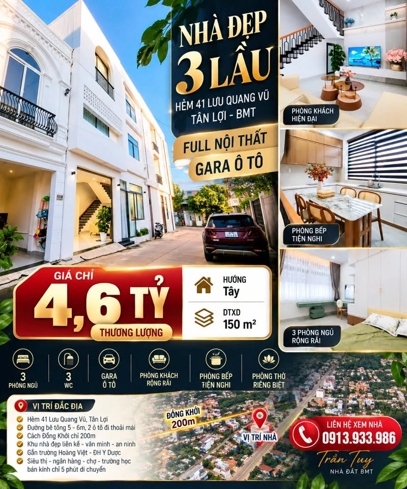 Bán nhà 3 lầu 150m2 hẻm 41 Lưu Quang Vũ, Tân Lợi, Buôn Ma Thuột giá 4,6 tỷ - Ảnh 1