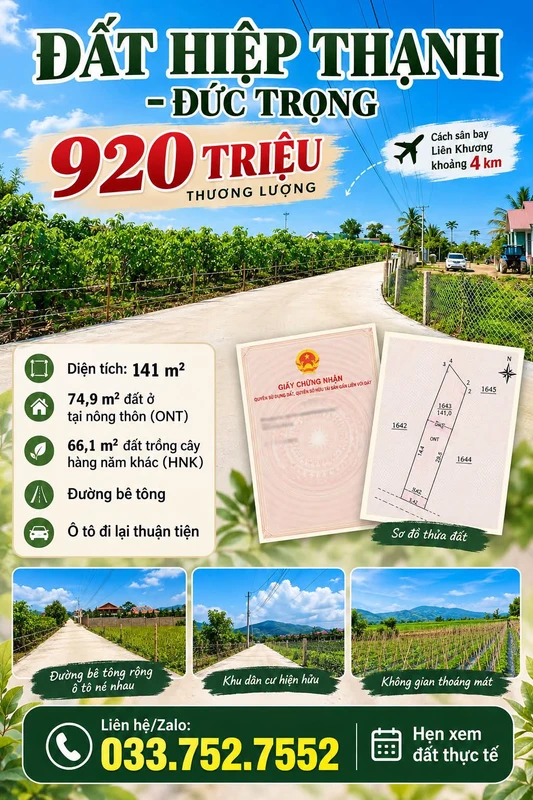 Bán đất nền Hiệp Thạnh 145m² – 920 triệu