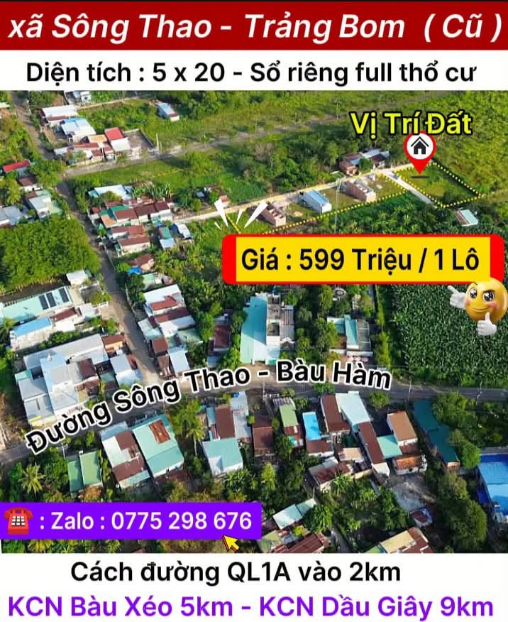 Bán đất nền 100m² Xã Sông Thao Trảng Bom 599 triệu - Ảnh 1
