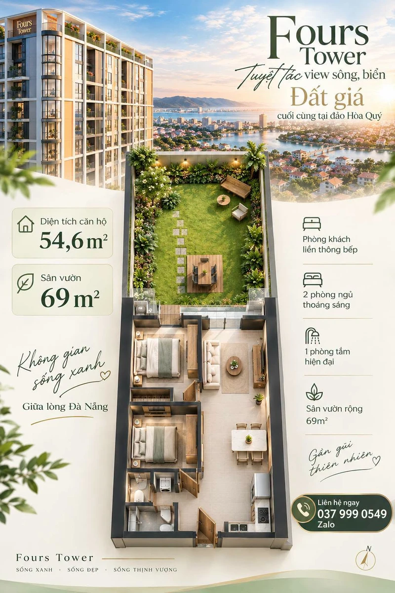 Bán căn hộ 2PN Fours Tower Đà Nẵng 54,6m² có sân vườn - Ảnh thu nhỏ 2