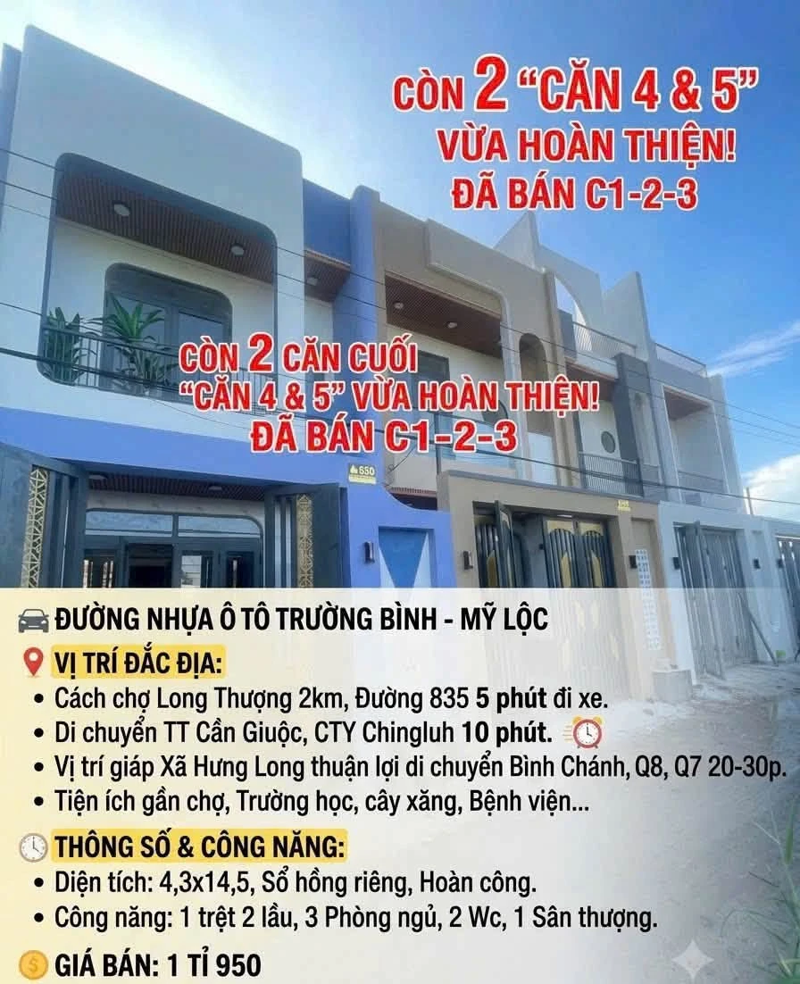 Bán nhà 3PN 2WC 62m² Mỹ Lộc Cần Giuộc Long An 1,95 tỷ - Ảnh 1