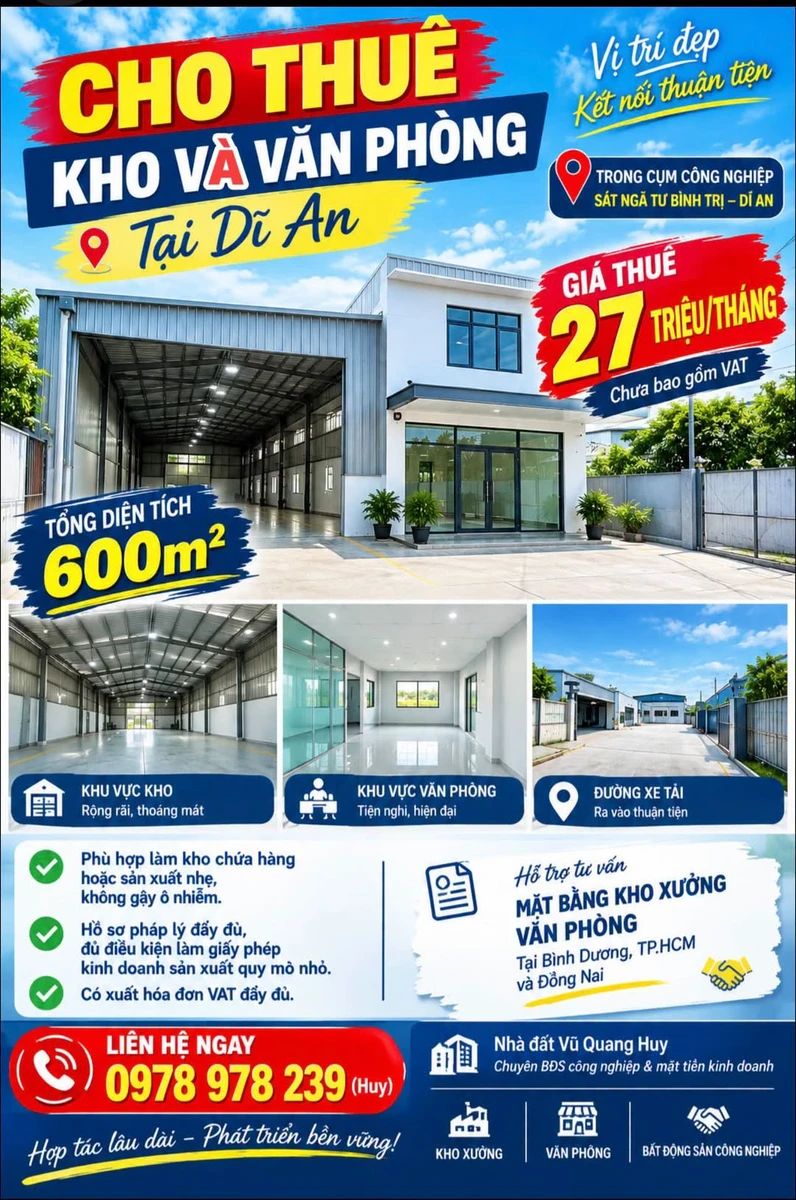Cho thuê kho văn phòng 600m² tại Dĩ An - Ảnh 1