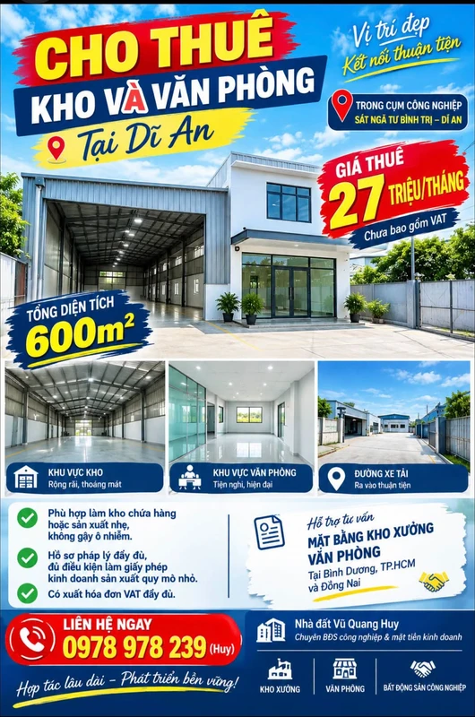 Cho thuê kho văn phòng 600m² tại Dĩ An