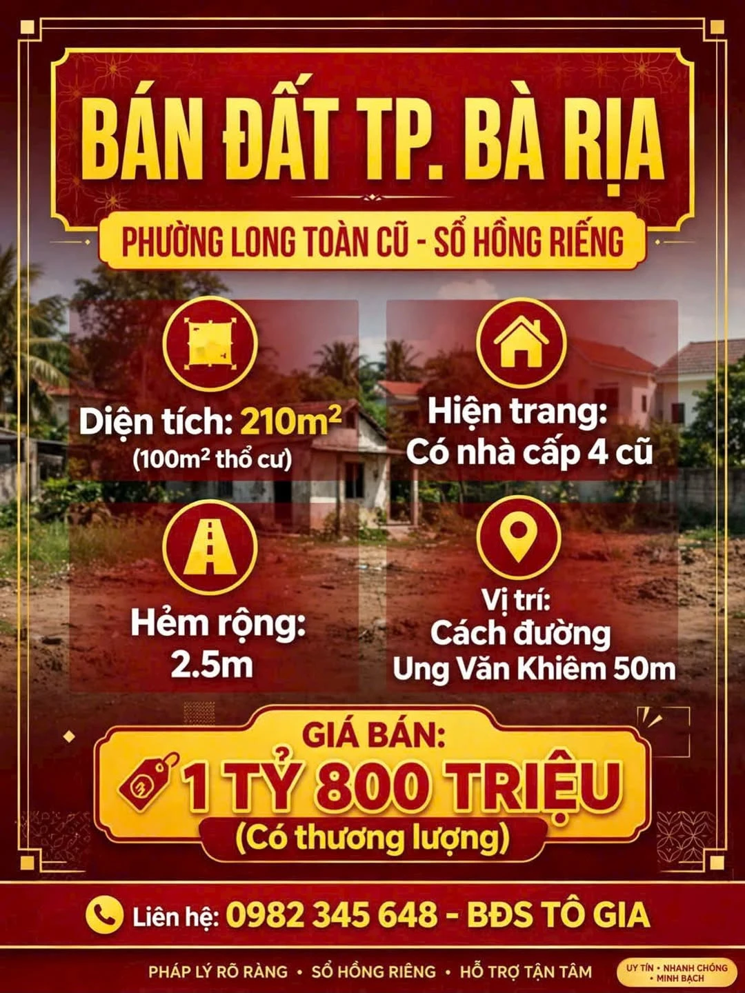 Bán đất 210m² Phường Long Toàn, Bà Rịa, 1 tỷ 800 triệu - Ảnh 1