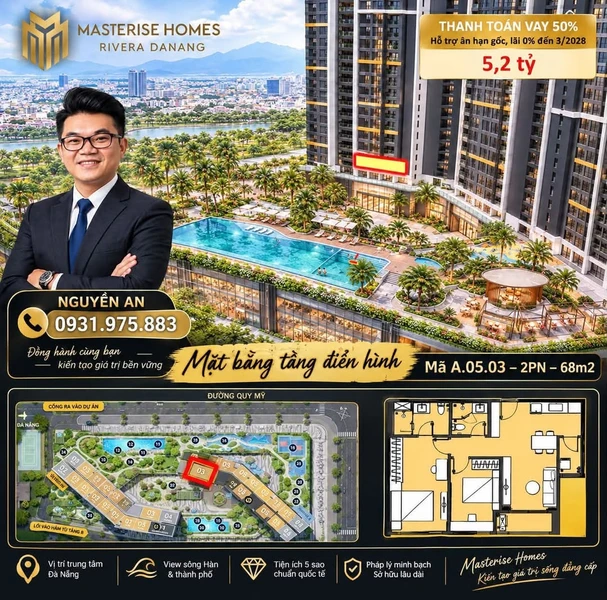 Bán căn hộ 2PN 68m² Masteri Rivera Đà Nẵng 5,2 tỷ