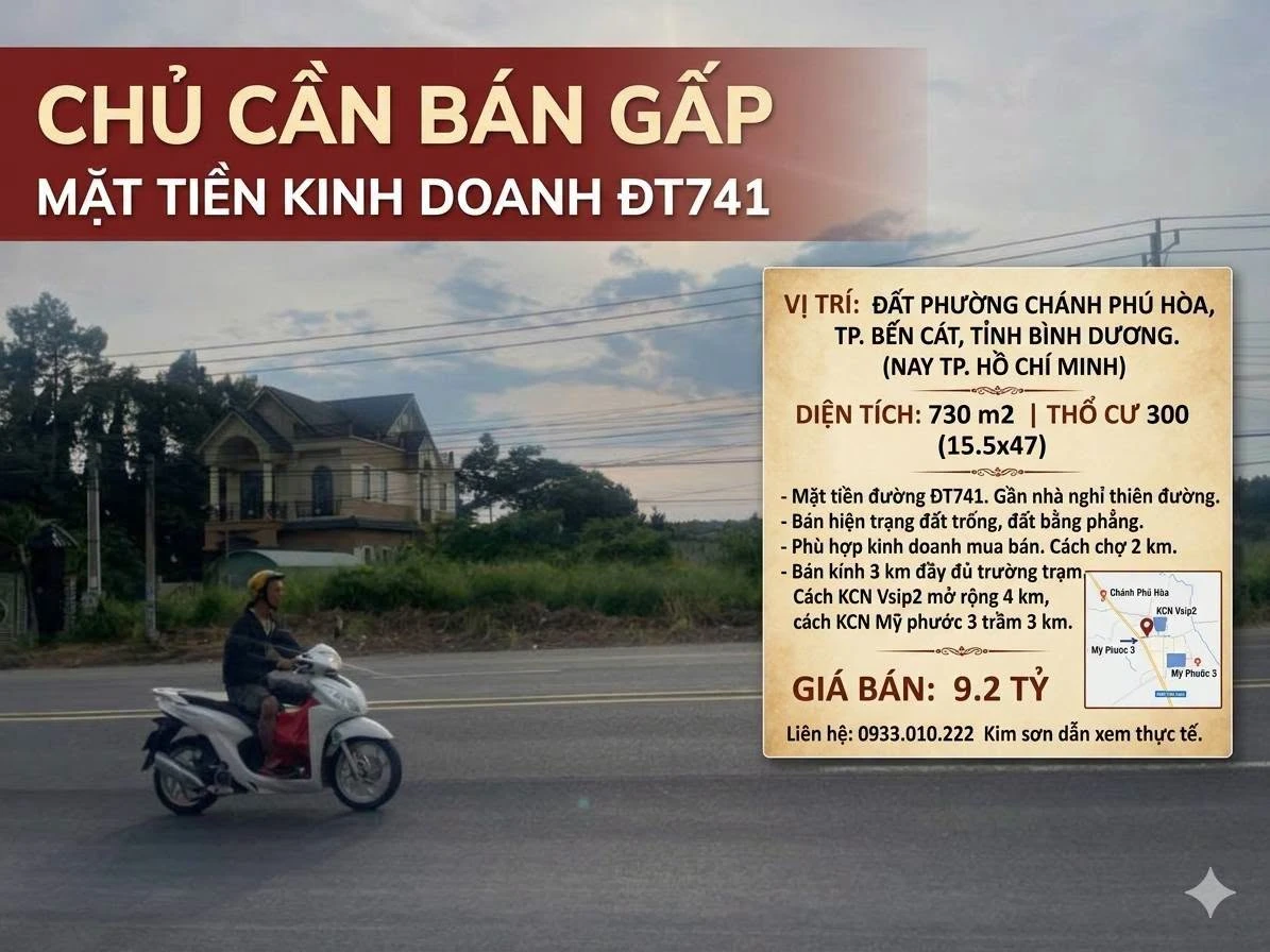 Bán đất mặt tiền ĐT741 Bến Cát 730m2, kinh doanh - Ảnh 1