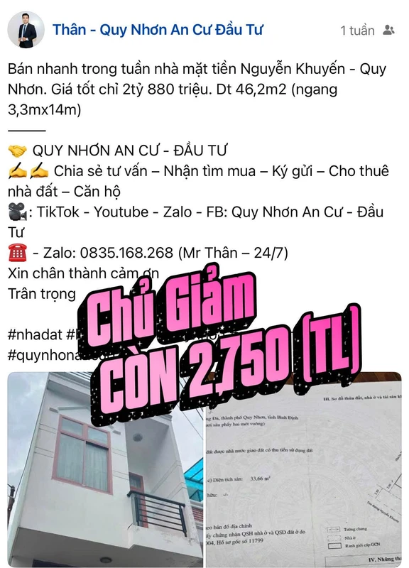 Bán nhà mặt tiền Nguyễn Khuyến, Quy Nhơn 46,2m2, giá 2,75 tỷ