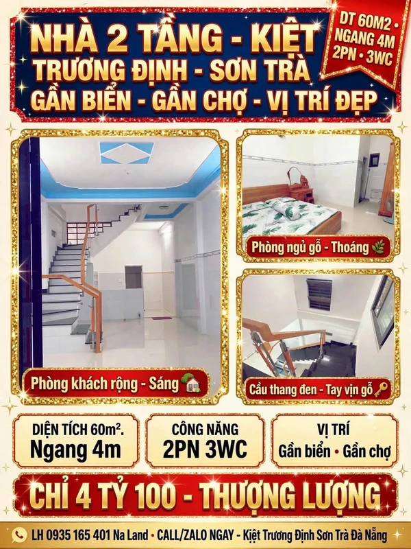 Bán nhà 2 tầng kiệt Trương Định, Sơn Trà, Đà Nẵng, 60m2, giá 4,1 tỷ