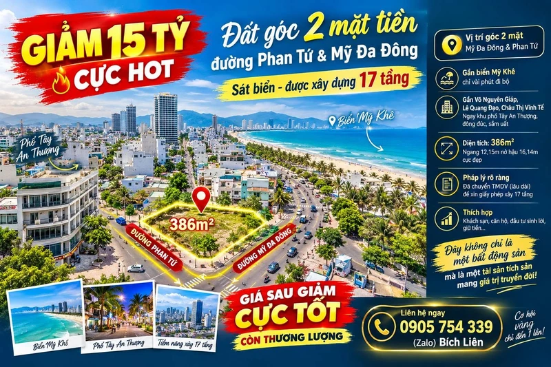 Đất góc 2 mặt tiền 386m² sát biển Mỹ Khê, Đà Nẵng