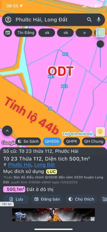 Bán đất 500m2 mặt tiền tỉnh lộ 44B Phước Hải 3 tỷ 5
