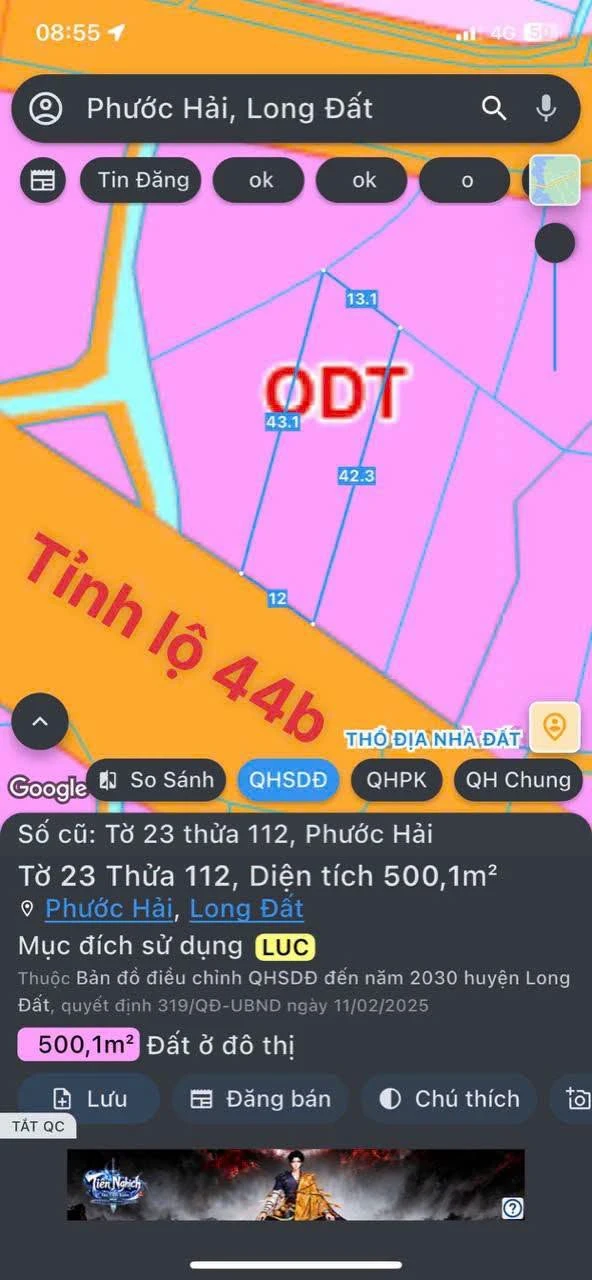 Bán đất 500m2 mặt tiền tỉnh lộ 44B Phước Hải 3 tỷ 5 - Ảnh 1