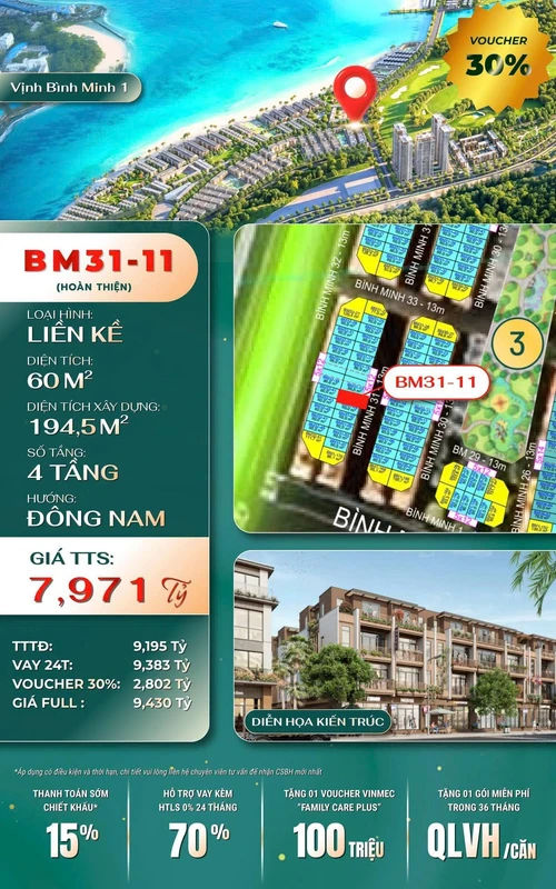 Bán shophouse 4 tầng 194,5m² mặt biển Vịnh Bình Minh 7,971 tỷ