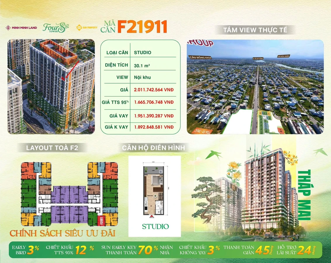 Bán studio 30,1m² view nội khu Four S Tower Nam Hòa Xuân 1,67 tỷ - Ảnh 1