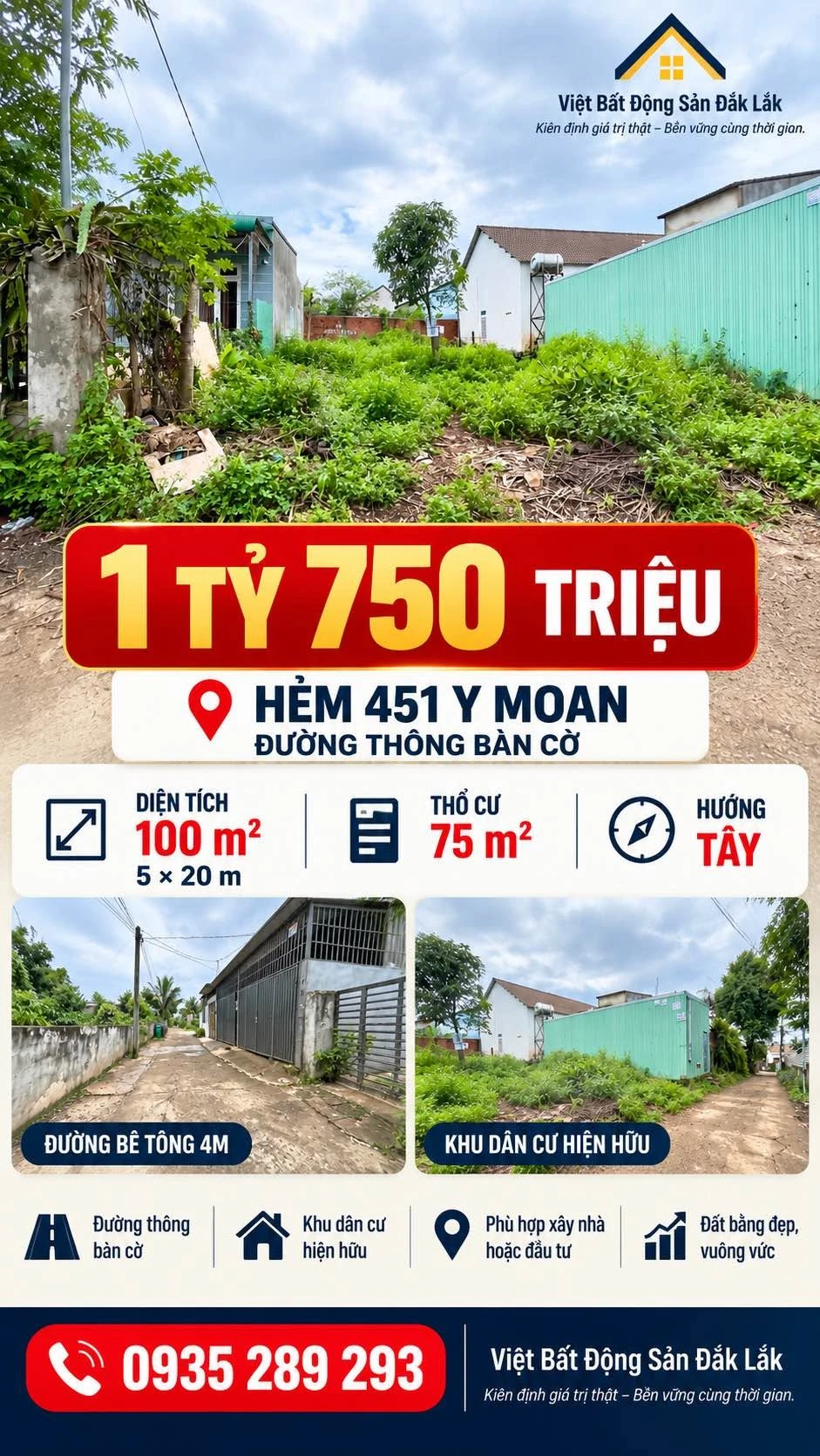 Bán đất hẻm 451 Y Moan 100m² 1 tỷ 750 triệu - Ảnh 1