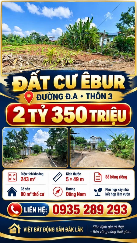 Bán đất 243m² sổ hồng tại Cư Êbur, Đắk Lắk 2,35 tỷ