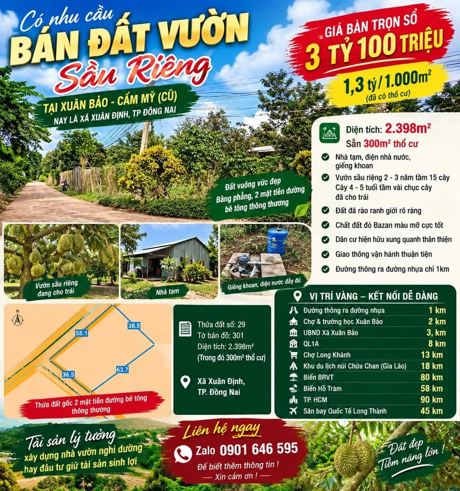 Bán đất vườn sầu riêng 2398m2 2 mặt tiền tại Xuân Bảo, Cẩm Mỹ, Đồng Nai - Ảnh 1