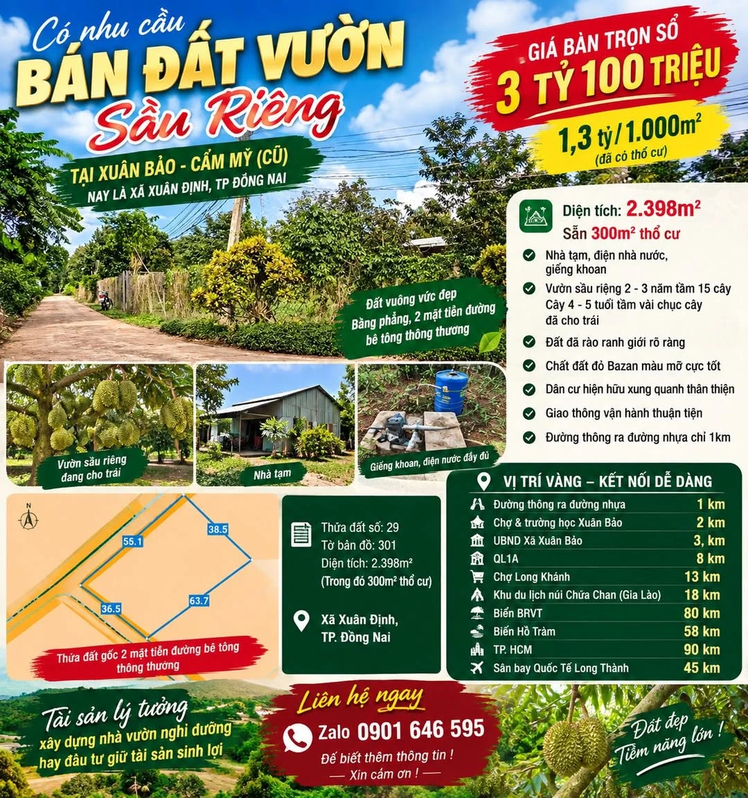 Bán đất vườn sầu riêng 2398m2 2 mặt tiền tại Xuân Bảo, Cẩm Mỹ, Đồng Nai - Ảnh 1