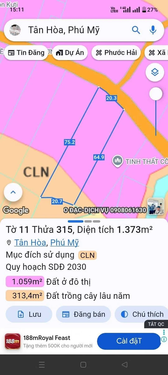 Bán nhà vườn 1360m² mặt tiền 6m Tân Hòa Phú Mỹ 2 tỷ 300 - Ảnh 1