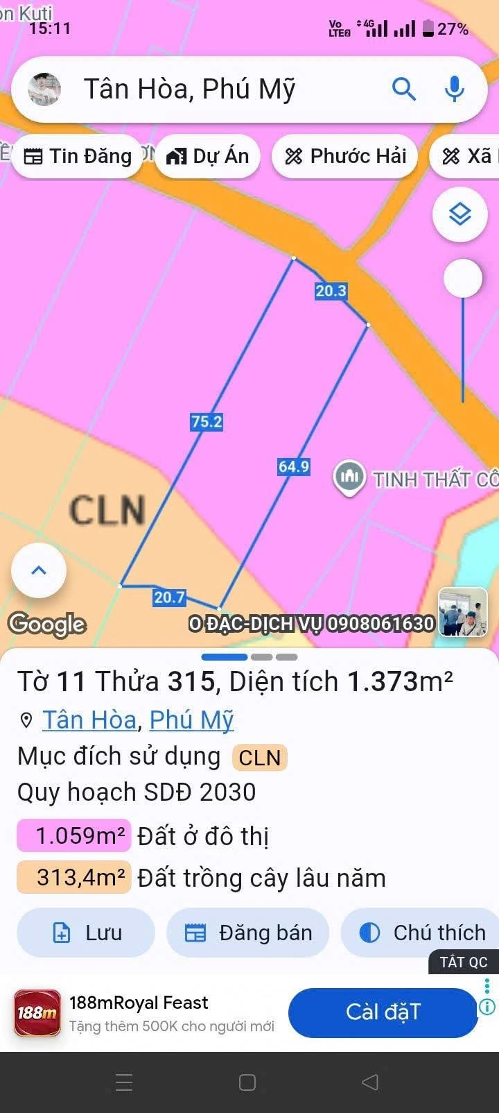 Bán nhà vườn 1360m² mặt tiền 6m Tân Hòa Phú Mỹ 2 tỷ 300 - Ảnh 1