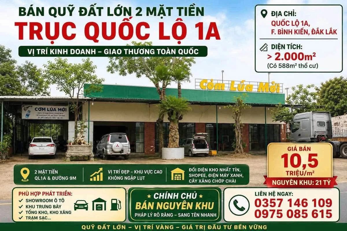 Bán quỹ đất 2.000m² 2 mặt tiền QL1A Bình Kiến 21 tỷ - Ảnh 1