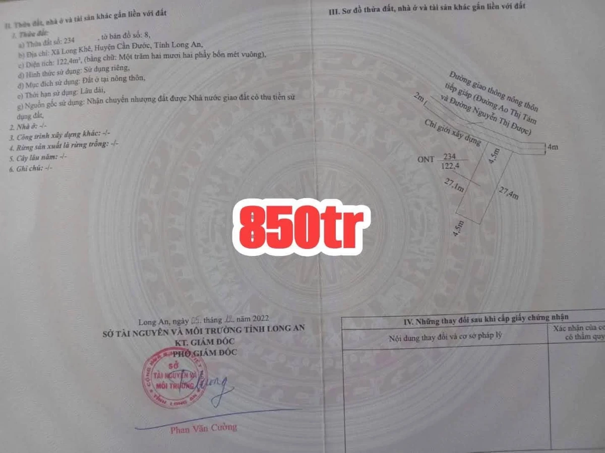 Bán đất thổ cư mặt tiền đường GTNT 122,4m2 giá 850 triệu tại Long Khê, Cần Đước - Ảnh thu nhỏ 3