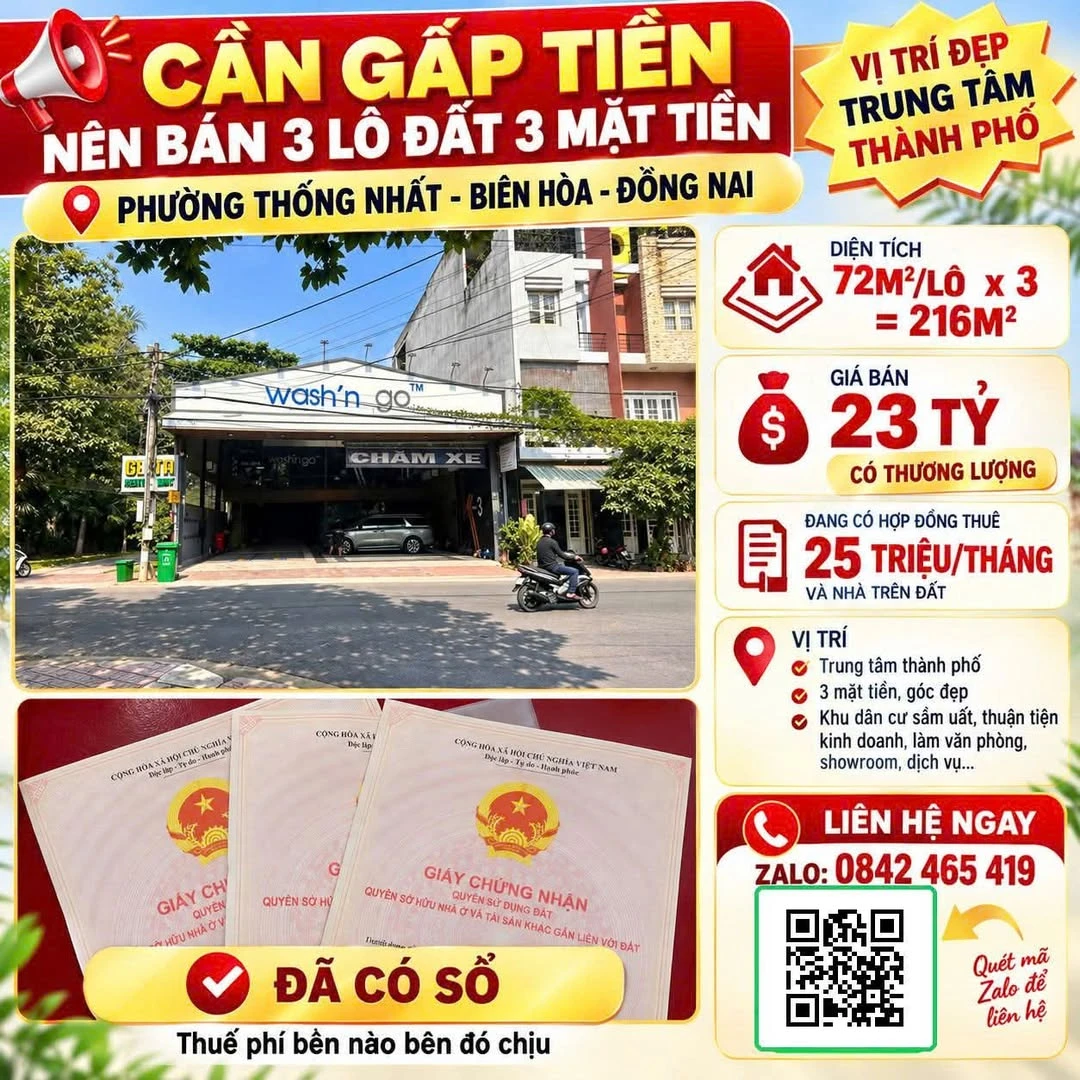 Bán 3 lô đất 216m² 3 mặt tiền Biên Hòa Đồng Nai - Ảnh 1