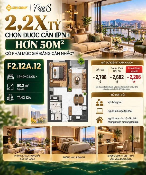 Bán căn hộ 1PN+ 50,2m² FourS Tower tầng 12A, Đà Nẵng, giá từ 2,266 tỷ