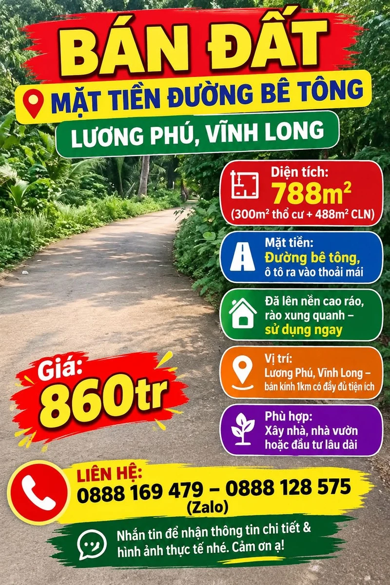 Bán đất mặt tiền 788m² Lương Phú, Vĩnh Long - Ảnh 1